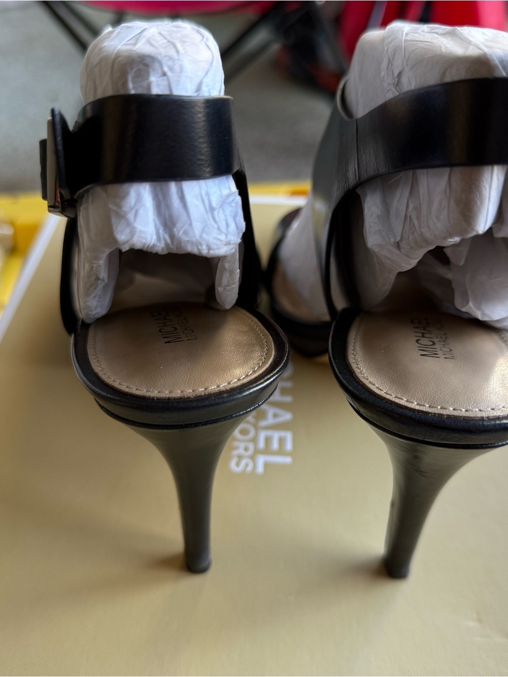 Michael Kors Women's Black Leather Two-Strap Dress Sandal heels - Picture 3 of 7